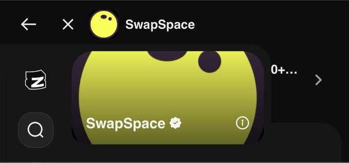 A mobile app interface, possibly from Zora, displaying a digital collectible or profile card for "SwapSpace" with a verified checkmark, next to a yellow smiley face avatar.