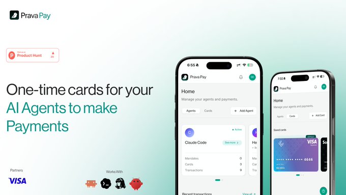 The image features two cell phones with Prava Pay displayed on their screens. The text above the phones reads "Today we're launching Prava Pay on @ProductHunt Prava gives your openclaw, hermes, claude code or codex agent a card wallet to make payments on your behalf- safely". Below the phones, there is a list of payment options available for users. The text in the image suggests that these payment options are designed specifically for agents and their clients, making it easier for them to manage transactions securely and efficiently.