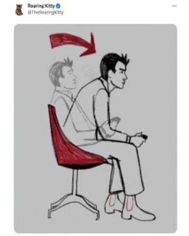 A tweet from Roaring Kitty (@TheRoaringKitty) features an illustration of a person intensely focused on a handheld device with a ghostly second figure fading behind them and a red arrow pointing to the concentrated figure, symbolizing "locked in" behavior. The caption connects this imagery to GME culture, with the Chinese phrase "不对劲" and a crypto wallet address, portraying the meme as a fitting representation of the unwavering focus seen in the GameStop trading community.