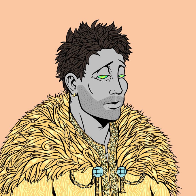 An illustrated portrait of a man with dark messy hair, green eyes, and a fur-trimmed cloak on a peach background.