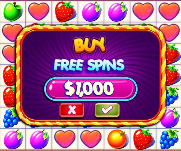 A colorful game interface shows a pop-up offering to 'BUY FREE SPINS $1,000' with X and checkmark buttons. The pop-up is surrounded by a grid of symbols including green apples, strawberries, purple plums, hearts, and clusters of berries.