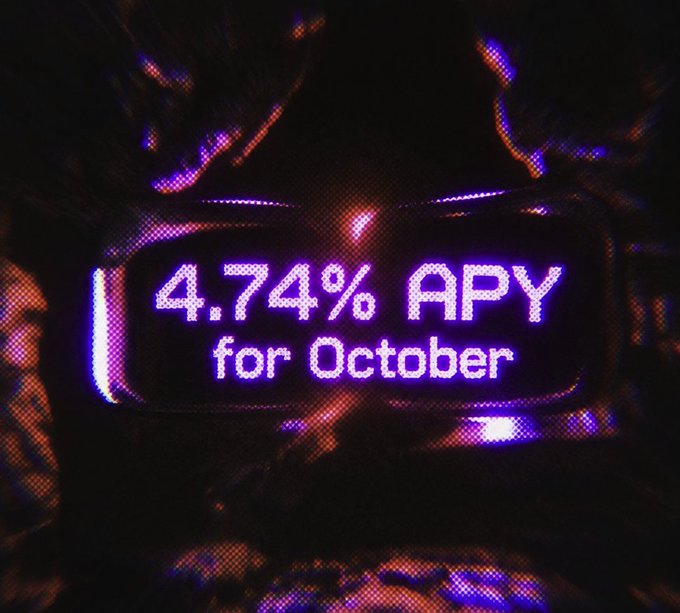 Close-up digital display with glitch/cyberpunk aesthetic showing '4.74% APY for October' in bright purple LED-style text.