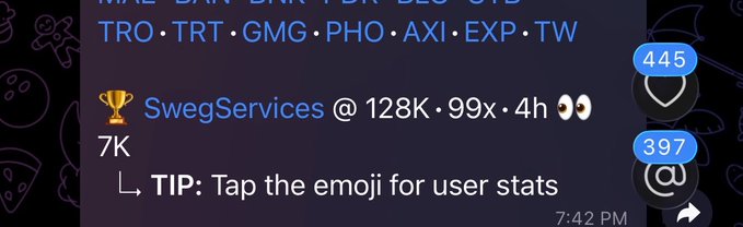 A chat message displays "SwegServices @ 128K • 99x • 4h 👀" with 7K reactions and a tip to tap the emoji for user stats, alongside 445 hearts and 397 replies, capturing a crypto trading brag about catching multiple 100x gains recently.