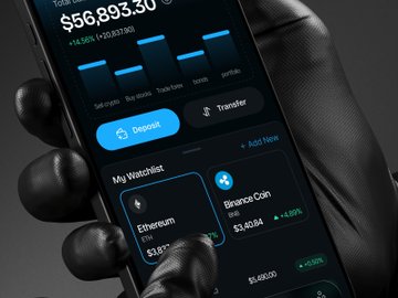 A hand in a black glove holding a smartphone displaying a crypto wallet app with a total balance of $66,893.30, showing a watchlist including Ethereum and Binance Coin.