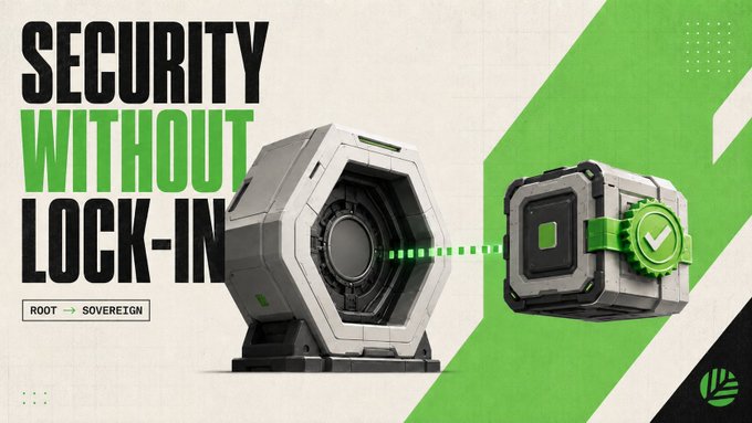 Promotional graphic with text "SECURITY WITHOUT LOCK-IN", "ROOT → SOVEREIGN", showing mechanical lock-like devices with green accents.