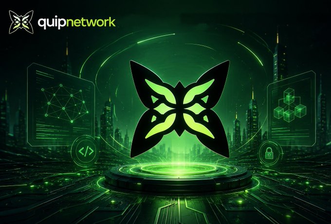 A futuristic green-themed digital graphic for "quipnetwork" featuring a large butterfly-shaped emblem in the center, flanked by code and cube icons.