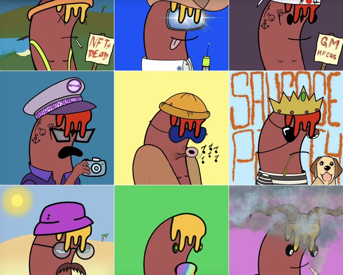 A 3x3 grid of cartoon illustrations featuring a brown, worm-like character with a melted substance dripping over its face in various scenarios, including holding "NFT IS DEAD" and "GM HFERS" signs and wearing different hats.