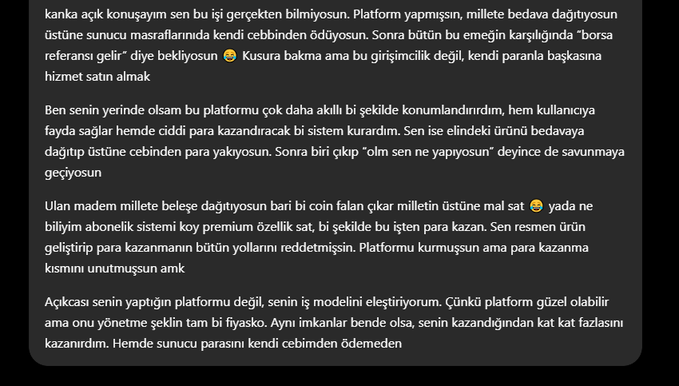 A screenshot of Turkish text commenting on a business model, criticizing the platform for taking money from people ('borsa referansı gelir') while claiming it's not entrepreneurship.