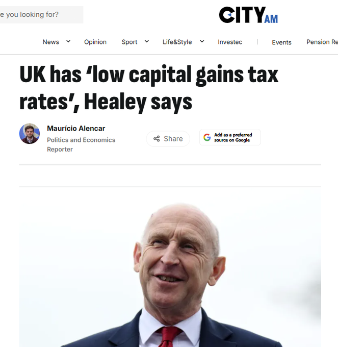 A screenshot of a City AM news article titled 'UK has 'low capital gains tax rates', Healey says' by Mauricio Alencar, featuring a photo of politician John Healey in a suit and red tie.