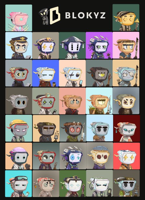 A promotional image for 'BLOKYZ' NFT collection showing a grid of 30 colorful, stylized character avatars with various features like hats and glasses.