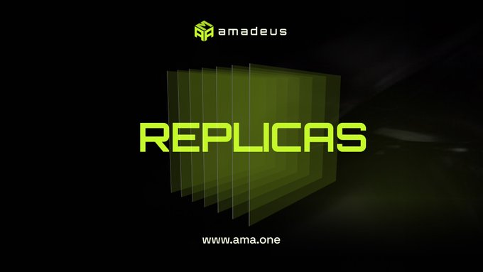 A dark promotional banner for "amadeus" featuring "REPLICAS" in bright green text with layered translucent panels, along with the website www.ama.one.
