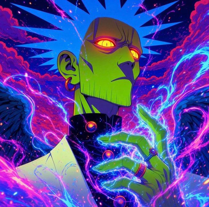 A vibrant, stylized digital art piece depicting a green-skinned figure with glowing yellow eyes, wearing rings and surrounded by swirling pink and blue magical energy.
