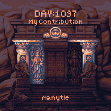 A pixel-art style image of an ornate temple entrance with the text 'DAY:1097', 'My Contribution', and 'manytle' displayed in an old computer font.
