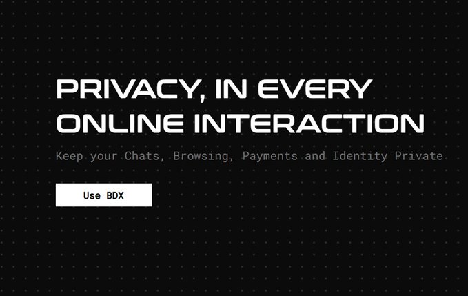 A black promotional graphic titled 'PRIVACY, IN EVERY ONLINE INTERACTION' with the subtitle 'Keep your Chats, Browsing, Payments and Identity Private' and a 'Use BDX' button.