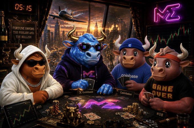 A digital artwork of four anthropomorphic bulls playing poker in a high-rise setting, with 'Coinbase' logos, 'GAME OVER' on a shirt, and 'MZ' neon signs.