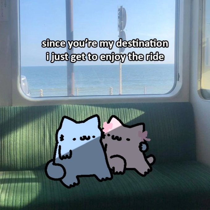 Two cute cartoon cats, one blue and one pink, sit on a green striped train seat with a scenic ocean view through the window, accompanied by the caption "since you're my destination I just get to enjoy the ride."