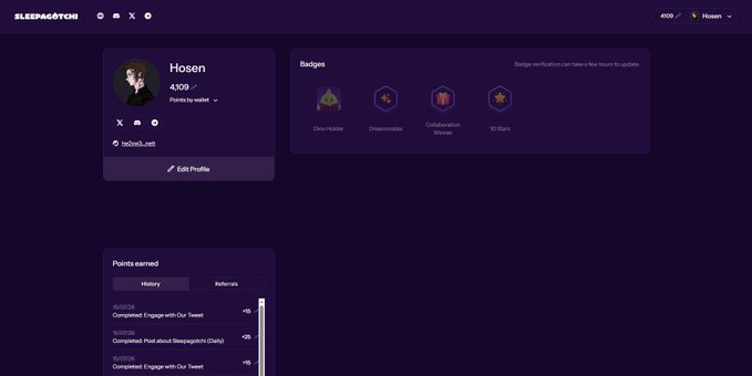 A Sleepagotchi user profile page showing the username 'Hosen' with 4,109 points by wallet, displaying badges such as Dino Holder, Degenness, Collaboration Winner, and 10 Stars.