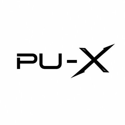 A black logo on a white background displaying the text 'PU-X' with the 'X' stylized as crossed swords.