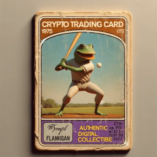 The image features a baseball card with a frog as the main character, holding a bat over his head and ready for action. The card has been described as "digital collectible," suggesting that it might be an item of interest or value to collectors due to its unique design or rarity.

The post also mentions that this particular card is from Brrapil Flangan's Digital Collectibles collection, which includes various items such as baseball cards and other memorabilia. The image seems to be related to the theme of digital collectibles, showcasing a creative and interesting representation of a frog playing baseball.