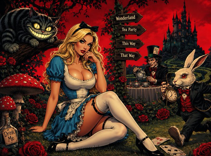 An illustrated reimagining of Alice in Wonderland shows a sensual Alice in a blue dress sitting beside the Cheshire Cat, with the Mad Hatter, White Rabbit, mushrooms, and a 'Drink Me' bottle; signs read 'Wonderland,' 'Tea Party,' 'This Way,' and 'That Way.'