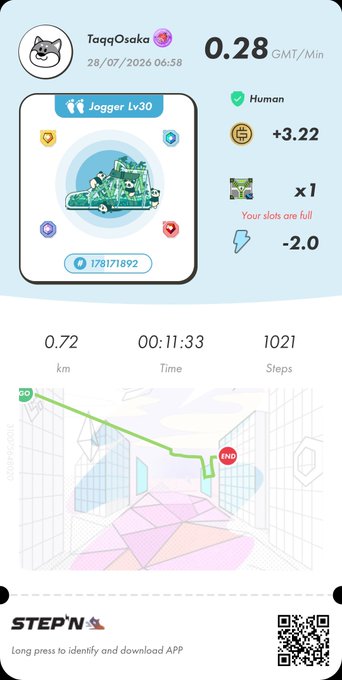 A STEP'N app screenshot displaying a "Jogger Lv30" virtual shoe NFT, showing stats like "0.28 GMT/Min", "0.72 km" distance, "00:11:33" time, and "1021" steps for user "TaqqOsaka".