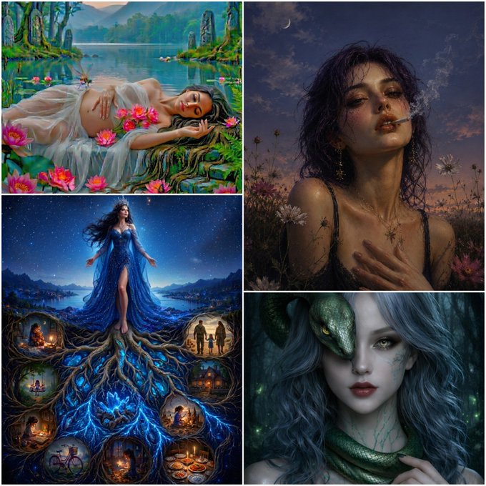 A collage of four fantasy-style digital artworks featuring ethereal women in various mystical settings, including a pregnant figure by a lake, a smoking woman, a starry goddess with roots, and a woman with a snake.