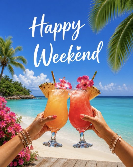 A vibrant 'Happy Weekend' graphic showing two hands toasting with tropical cocktails garnished with pineapple and hibiscus flowers on a sunny beach.