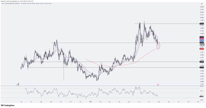 A TradingView chart of HYPE/USD on Coinbase shows the price breaking down toward the 200-day EMA (highlighted with a red circle on the right side of the chart), with horizontal support levels marked around the 50 and sub-50 zones, visually supporting the post's call for a gap fill and DCA opportunity.