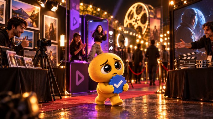 An AI-generated image of a sad yellow emoji-like character holding a blue verification badge on a red carpet, with film crew and equipment visible in the background.