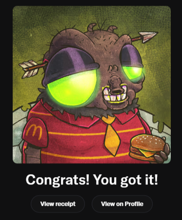 A digital artwork/collectible card depicting a zombie-like character with glowing green eyes, an arrow through its head, wearing a red McDonald's-style uniform and holding a hamburger, with text reading 'Congrats! You got it!'