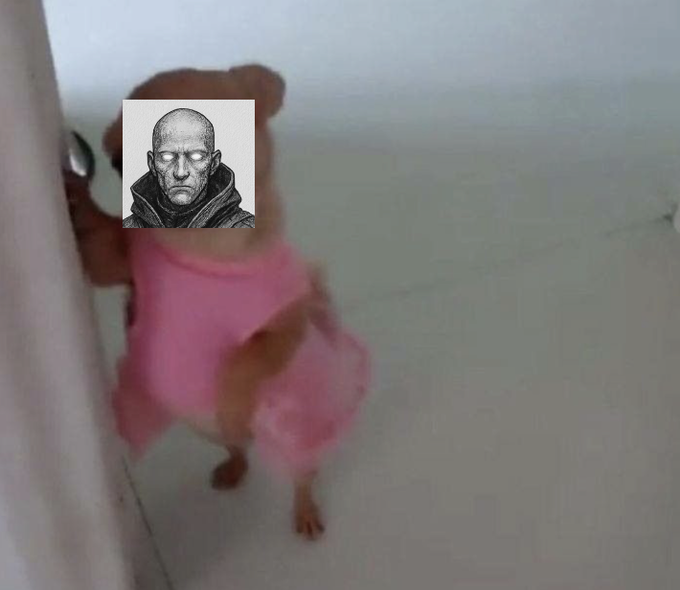A blurry, low-quality photo shows a small dog wearing a pink tutu, with a black-and-white drawing of a bald man with glowing eyes superimposed over its face.