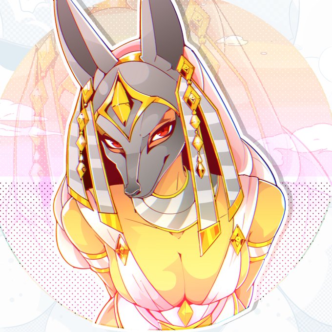 A digital illustration depicts an anthropomorphic Anubis-like figure with a jackal head, golden Egyptian-style headdress, and piercing red eyes, adorned with gold jewelry against a soft pastel background.

This artwork ties to the post as a belated fan art submission honoring @momoyumemi's art contest, where the creator shared their piece featuring Egyptian-inspired character design alongside tags for @tessonchain and @cutemikaasa.