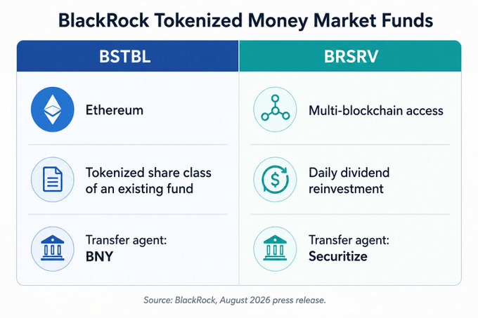 The image shows a side-by-side comparison of BlackRock's two tokenized money market funds, BSTBL and BRSRV, highlighting their key features: BSTBL is an Ethereum-based tokenized share class of an existing fund with BNY as transfer agent, while BRSRV offers multi-blockchain access with daily dividend reinvestment and Securitize as transfer agent. These products appear designed to serve as eligible reserve assets for stablecoin issuers under the GENIUS Act's 1:1 reserve requirements.