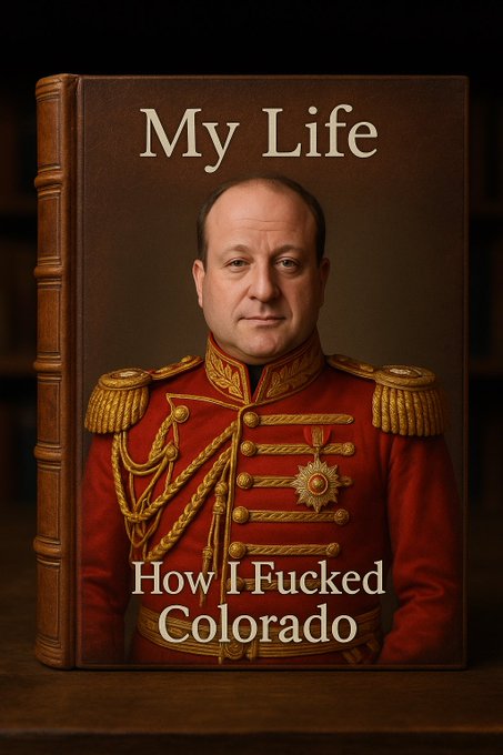 A book cover titled 'My Life: How I Fucked Colorado' featuring a man in an ornate red military uniform with gold epaulettes and braiding.