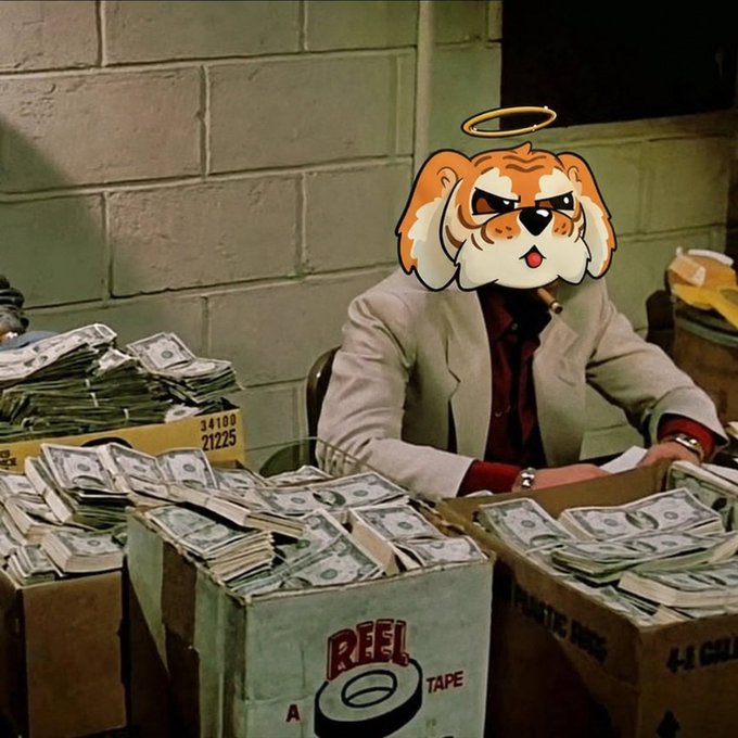 A scene showing a person in a beige suit sitting behind boxes overflowing with stacks of US dollar bills, with the person's face obscured by a cartoon bulldog sticker wearing a halo.