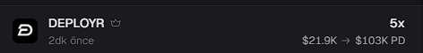 A dark promotional banner for "DEPLOYR" (token ticker: $DEPLOYR) offering "20k once" and showing a potential return of "$2.19K → $1.03K PD" with a "5x" multiplier indicator.