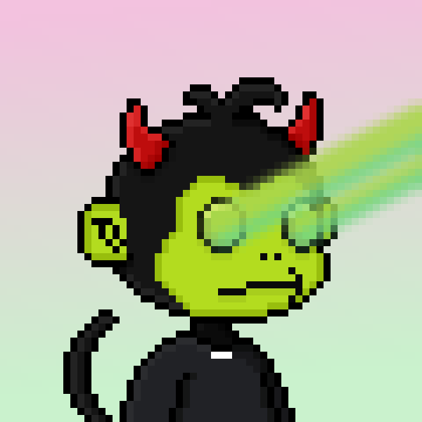 A pixel art illustration of a green-faced character with black hair, red devil horns, and a black shirt shoots a green laser beam from its eye against a pink and green gradient background.