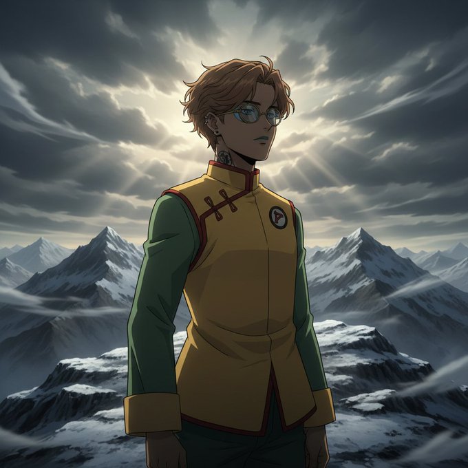 An anime-style illustration of a young man with glasses and reddish-brown hair wearing a yellow and green tunic, standing in a snowy mountainous landscape under a dramatic cloudy sky.