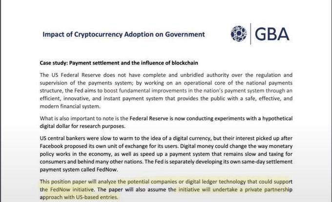 A document titled 'Impact of Cryptocurrency Adoption on Government' by GBA, featuring a case study on payment settlement and blockchain, with one paragraph highlighted in yellow.
