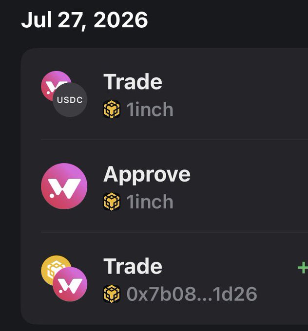 A mobile app interface dated 'Jul 27, 2026' showing transaction history including 'Trade' with USDC via 1inch, an 'Approve' action with 1inch, and another 'Trade' with address 0x7b08...1d26.