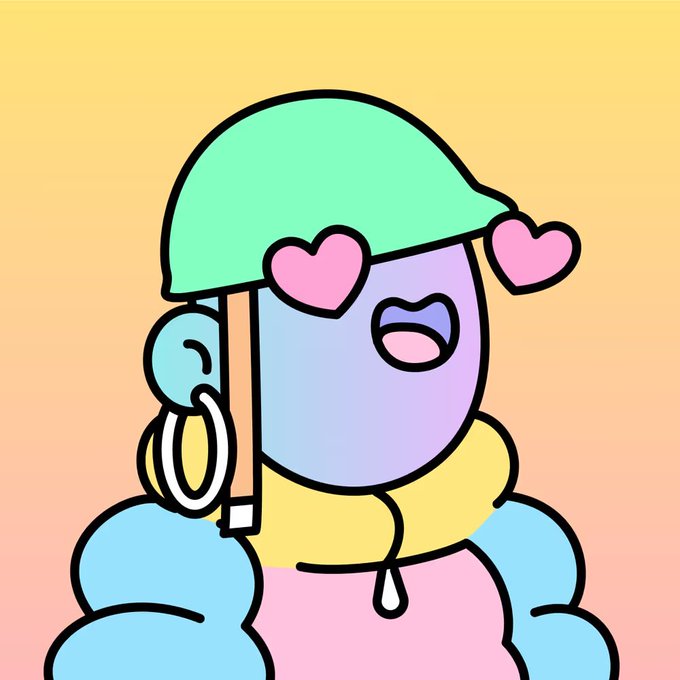Colorful cartoon illustration of a character with a green helmet, purple face, pink heart-shaped sunglasses, yellow scarf, and pink outfit, with a turquoise earring against a peach-colored background.
