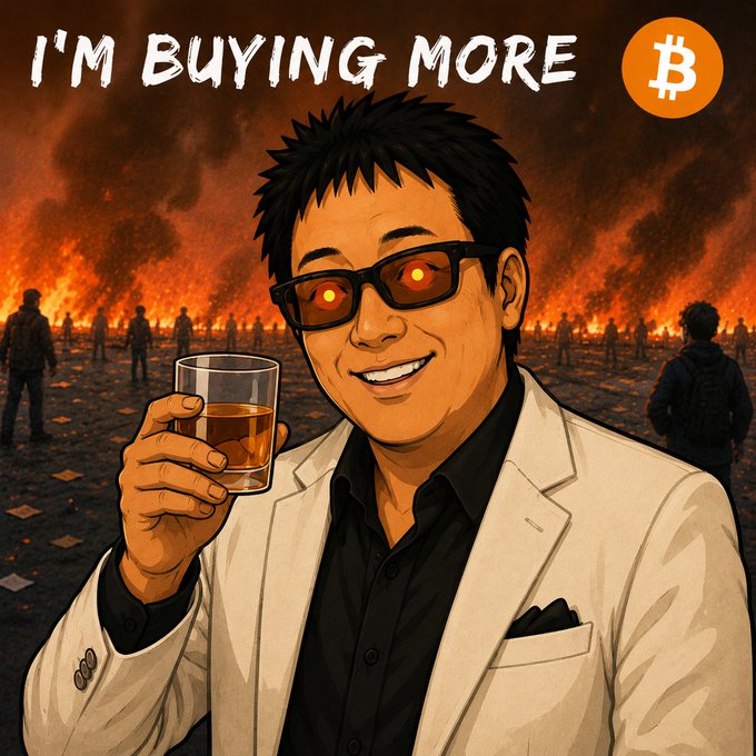 An illustrated cartoon of a man in a white suit holding a glass of whiskey with glowing red eyes, text reading "I'M BUYING MORE" with a Bitcoin logo, set against a fiery apocalyptic background.