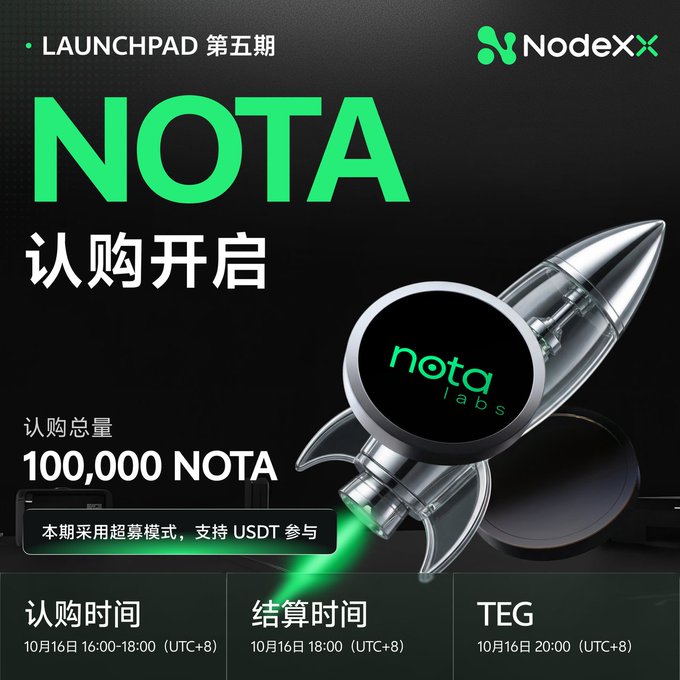 The promotional graphic announces the NodeXX Launchpad 第五期 (5th Edition) subscription for NOTA token, with a 3D rocket illustration featuring the "nota labs" logo. Key details displayed: 100,000 NOTA subscription total at 1 NOTA = 0.1 USDT, with subscription open October 16 from 16:00–18:00 (UTC+8), settlement at 18:00, and TGE at 20:00, supporting USDT participation in oversubscription mode.
