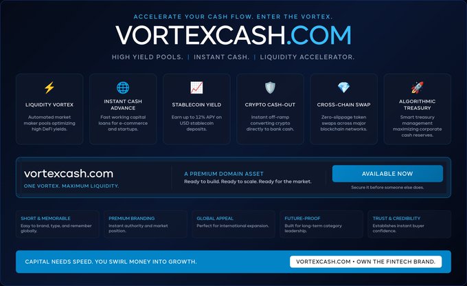 Promotional graphic advertising vortexcash.com as a premium domain for sale, featuring a sleek dark blue design with six labeled feature icons (Liquidity Vortex, Instant Cash Advance, Stablecoin Yield, Crypto Cash-Out, Cross-Chain Swap, and Algorithmic Treasury) and tags like "AVAILABLE NOW" and "OWN THE FINTECH BRAND," directly supporting the post's pitch of the domain as a category-defining brand for high-speed cash flow and liquidity.