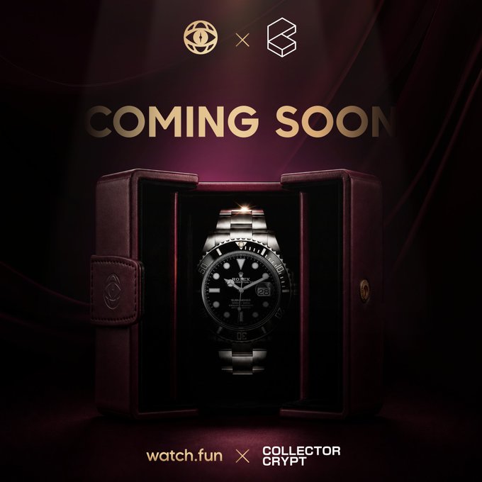 A promotional graphic with 'COMING SOON' text above a Rolex watch displayed in a burgundy velvet presentation case, featuring watch.fun and Collector Crypt branding.