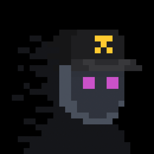A pixel art character with a dark gray body, pink square eyes, a flat black hat featuring a yellow "JL" or similar logo, on a black background.