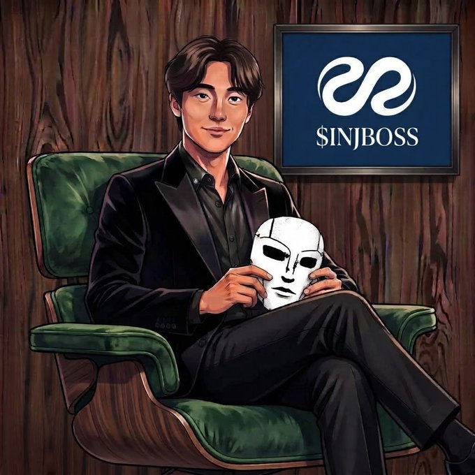 An illustrated portrait of a man in a black suit sitting in a green velvet chair holding a white mask, with a framed logo on the wall reading 'ŞINJBOŞŞ'.