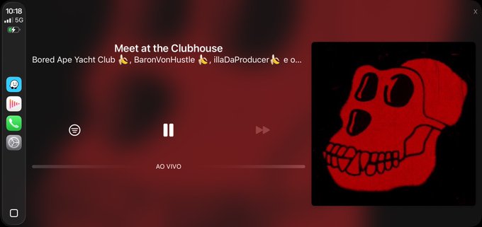 A screenshot from a Clubhouse audio app shows the room 'Meet at the Clubhouse' by 'Bored Ape Yacht Club', 'BaronVonHustle', and 'illaDaProducer', with a red cartoon skull NFT image on the right.