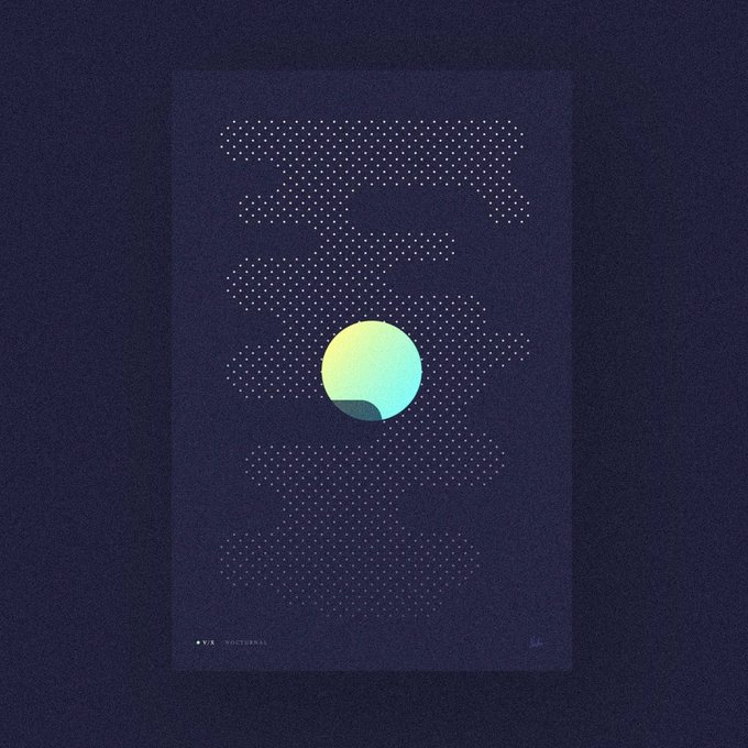 An artistic poster on a dark blue background featuring a small gradient circle (green to teal) surrounded by white dots arranged in geometric patterns, with 'VIB NOCTURNAL' text at the bottom.