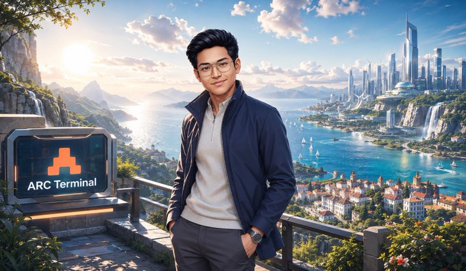 A digital portrait of a young man in glasses and a navy jacket standing near a sign reading "ARC Terminal," overlooking a futuristic coastal city.